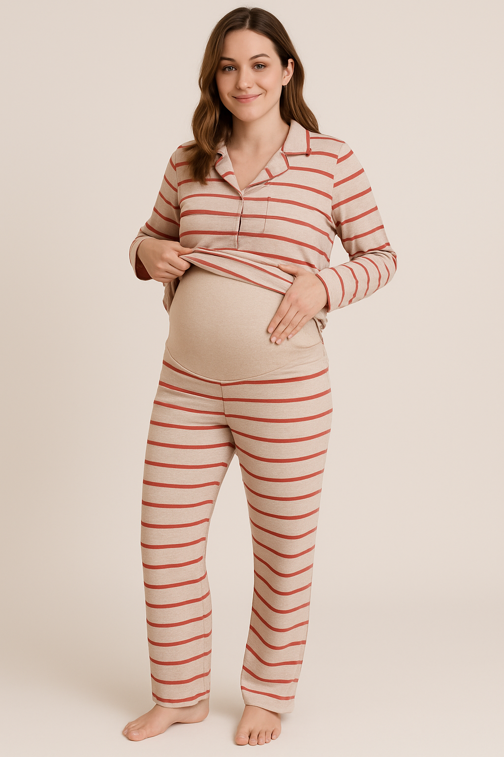 Maternidad - Completa Pantalón Mujer Rayas Blanco Rojo