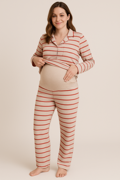 Maternidad - Completa Pantalón Mujer Rayas Blanco Rojo